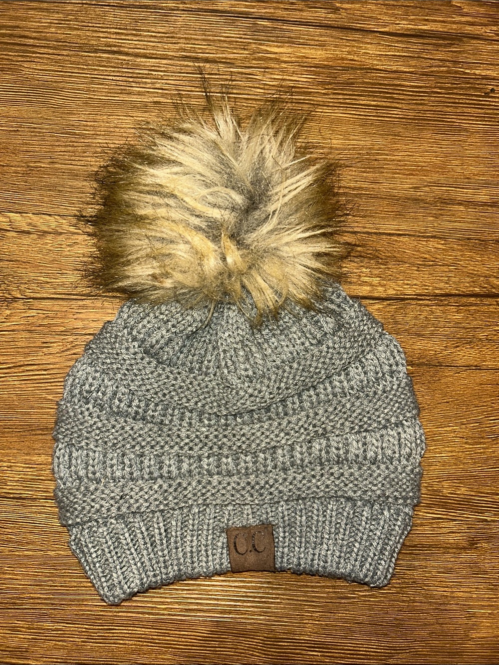 C.C Gray Knit Pom Beanie with Faux Fur Pom